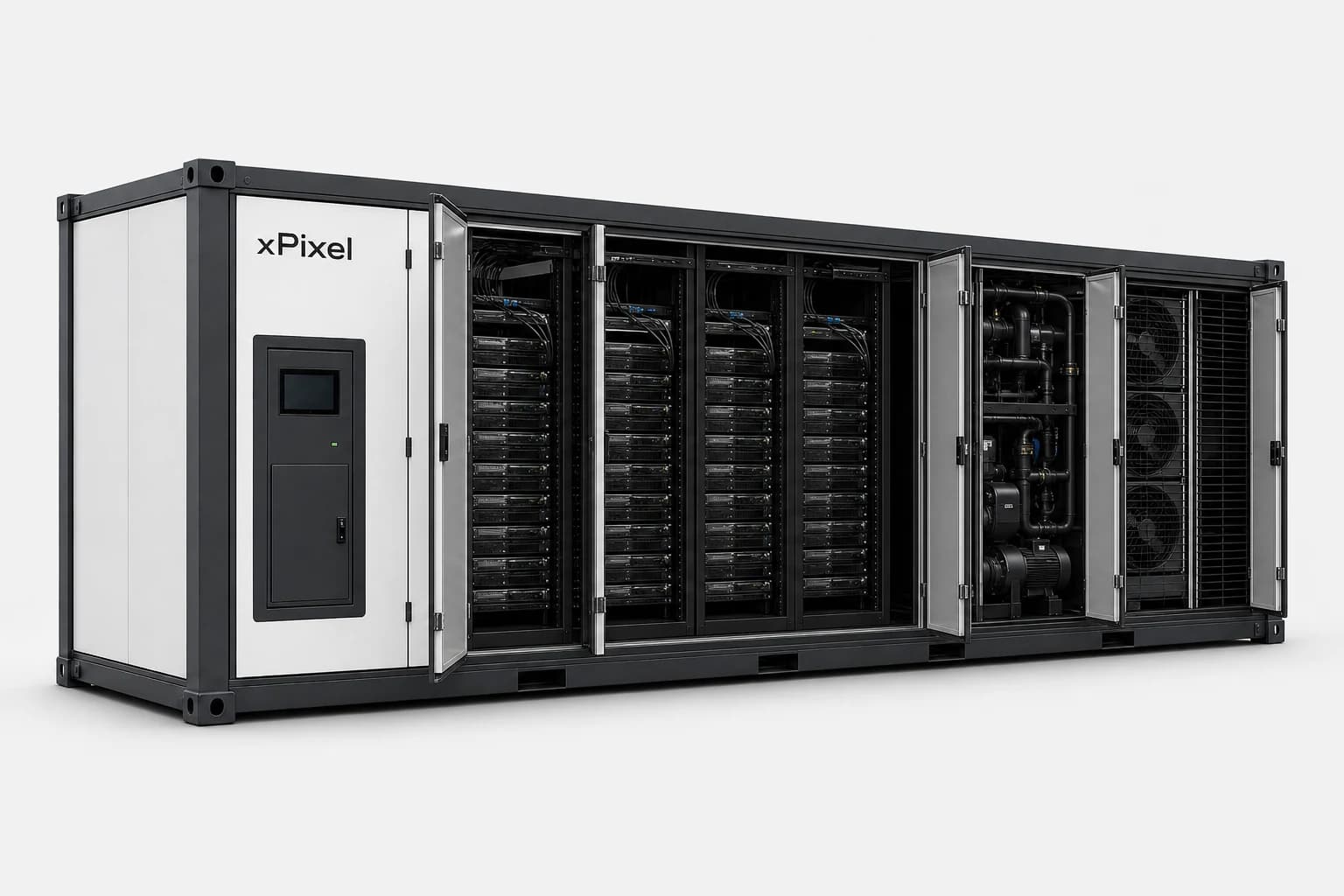 Concept of an open ComputeCell with racks, electrical distribution and cooling integrated in one unit