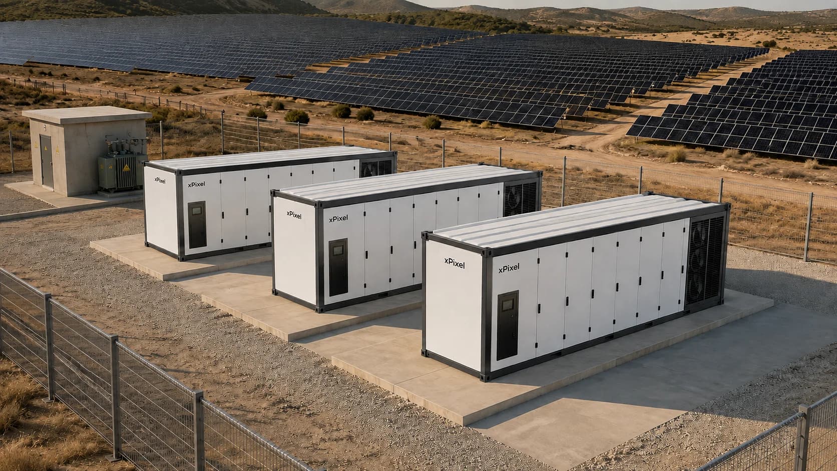 Conceptual aerial view of xPixel ComputeCell units alongside a photovoltaic solar farm
